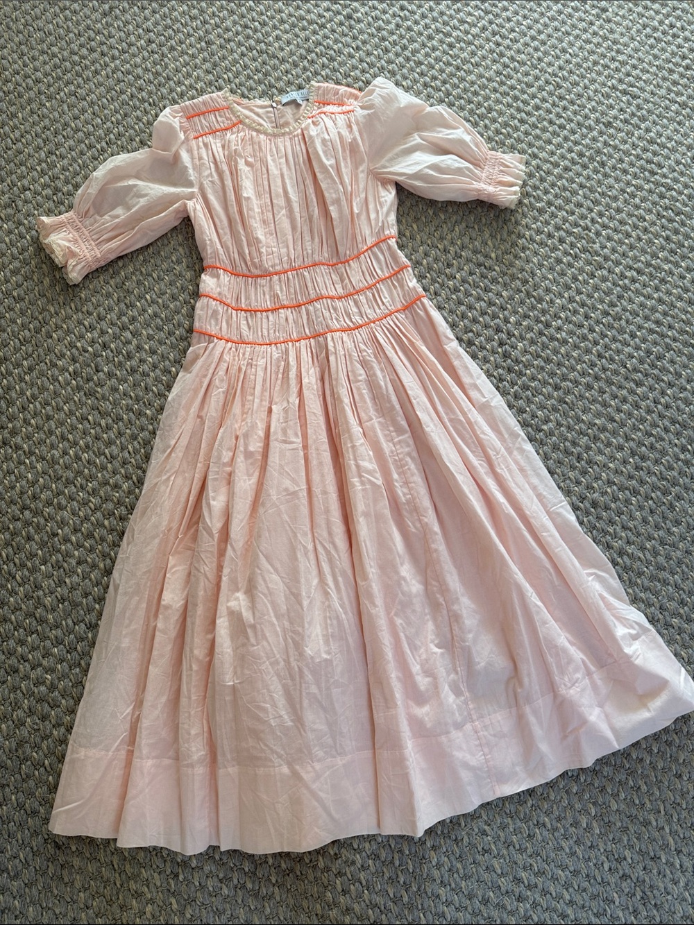 Hunter Bell Light Pink Puff Sleeve Maxi Dress with Coral Trim